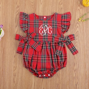 Monogrammed Personalized Newborn Baby Girl Christmas Romper Plaid Print Sleeveless Ruffle O-neck Romper Jumpsuit With Bowknot