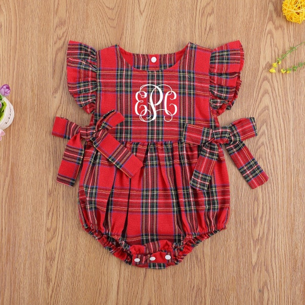 Monogrammed Personalized Newborn Baby Girl Christmas Romper Plaid Print Sleeveless Ruffle O-neck Romper Jumpsuit With Bowknot