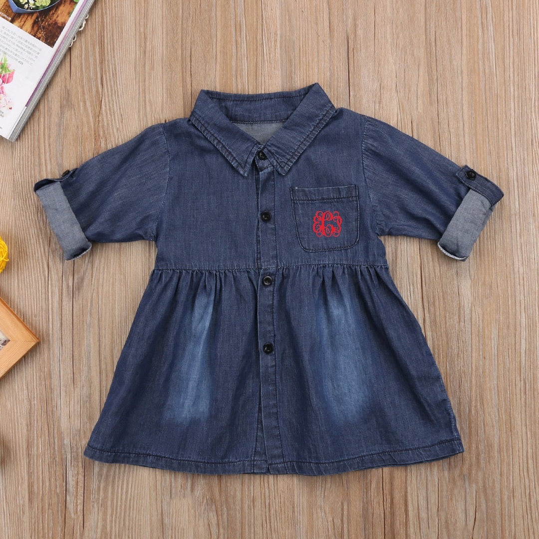 monogrammed denim dress Monogrammed Personalized Girl Kid Baby Denim Dress Short or Long Sleeve Cute Denim Dress