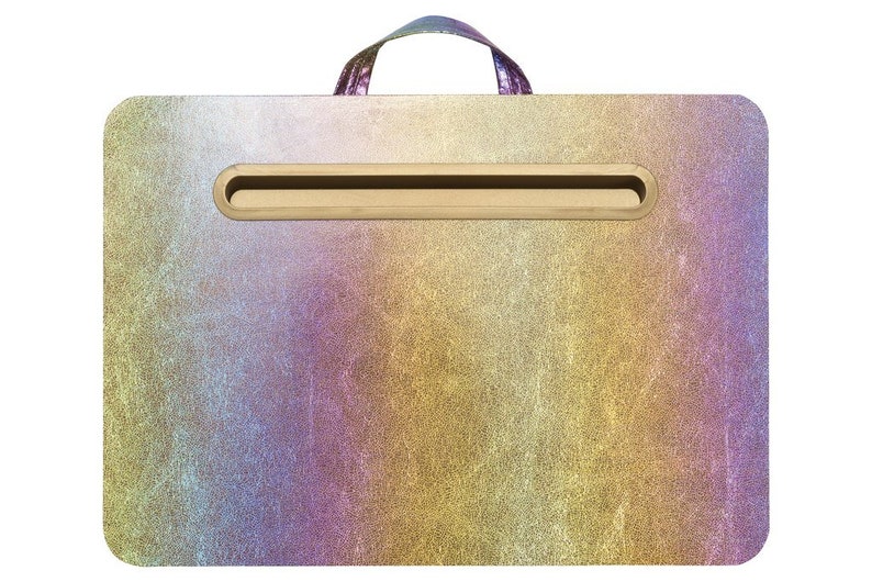 May include: A gold, purple, and blue iridescent laptop desk with a built-in handle and a slot for a tablet or phone.