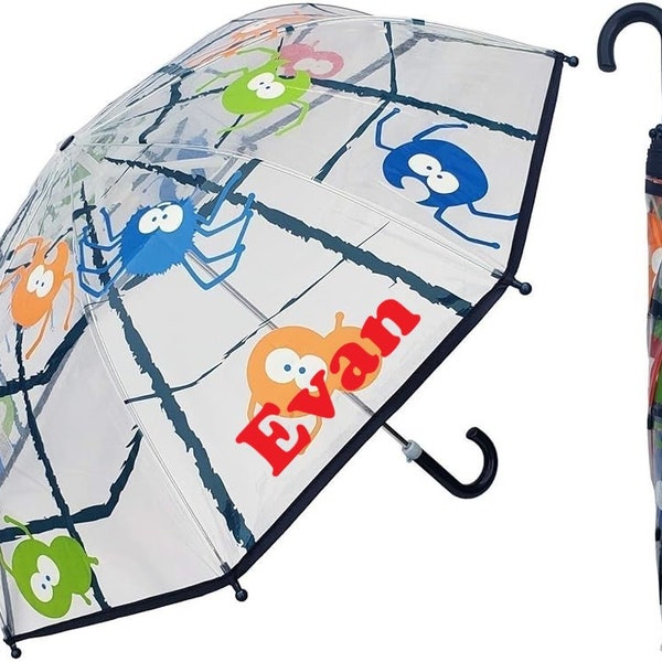 Personalized Kids Clear Spider Umbrella with Blue Curved Handle Spider Umbrella with Blue Trim
