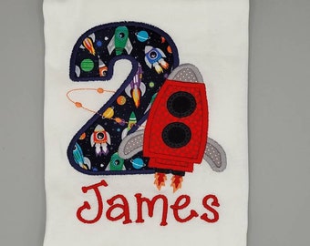 Personalized Applique Rocket Spaceship Birthday Shirt