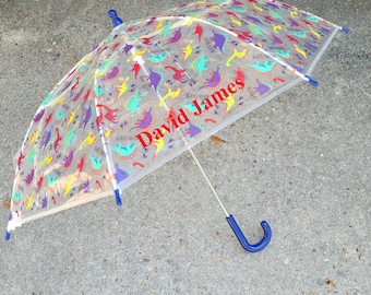Personalized Kids Clear Dinosaur Umbrella with Blue Curved Handle Dino Umbrella