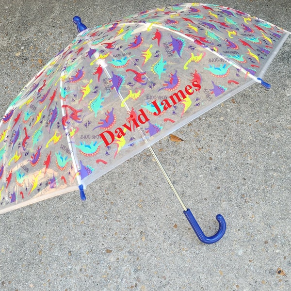 Personalized Kids Clear Dinosaur Umbrella with Blue Curved Handle Dino Umbrella