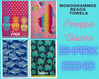 Monogrammed Personalized Kids Beach Towels 30" x 60" Dino, Shark, Unicorn or Pineapple