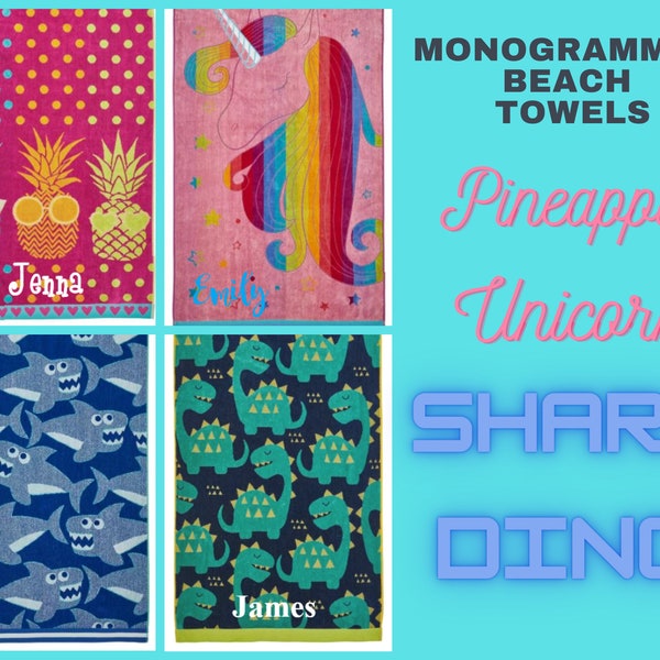 Monogrammed Personalized Kids Beach Towels 30" x 60" Dino, Shark, Unicorn or Pineapple