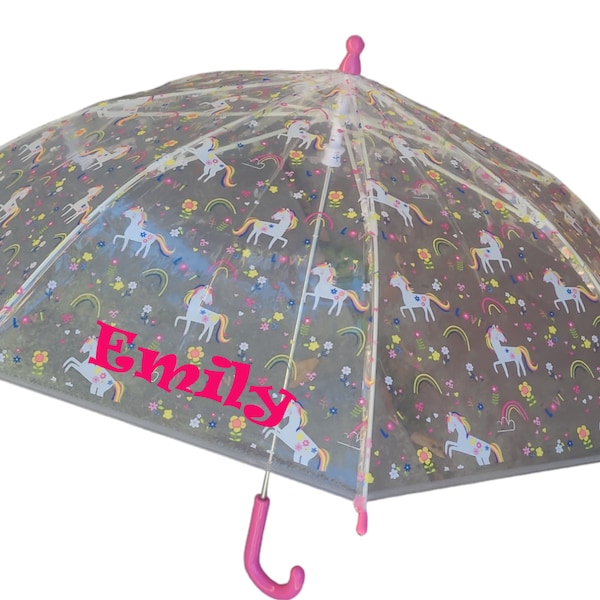 Personalized Kids Clear Unicorn Umbrella with Pink Curved Handle