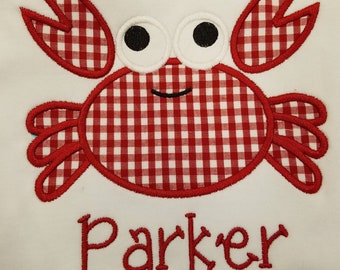 Personalized Applique Gingham Crab Shirt Summer Fun Shirt Beach Shirt