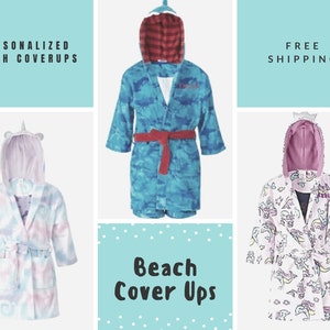 Monogrammed Personalized Youth Beach Cover-up Robe Choose Between Unicorn, Mermaid, Shark