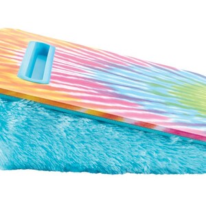 May include: A blue and white fuzzy pillow with a tie-dye patterned hard surface on top. The hard surface has a blue handle.
