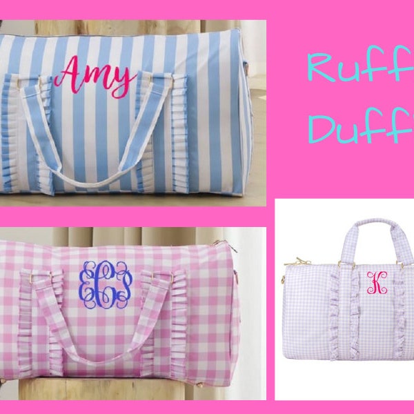 Personalized Monogrammed Gingham or Stripe Ruffle Duffle Bag Pink, Purple or Blue Ruffle Duffle Bag - Travel Bag - Ruffle Overnight Bag