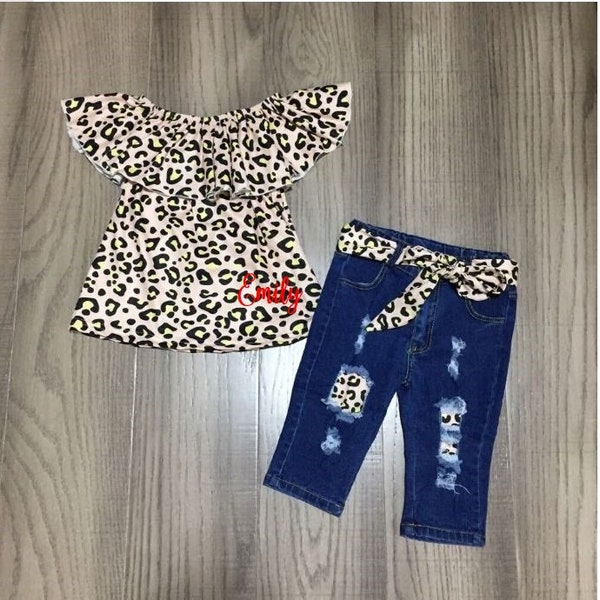 Girls Monogrammed Personalized Outfit Lepard Animal Print Top and Capri Patch Jeans with Leopard Belt Name or Initials Summer Outfit