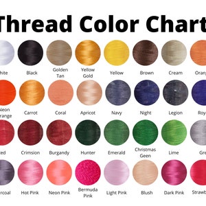 May include: Thread color chart with 36 different colors of thread, including white, black, red, orange, yellow, green, blue, pink, and grey.