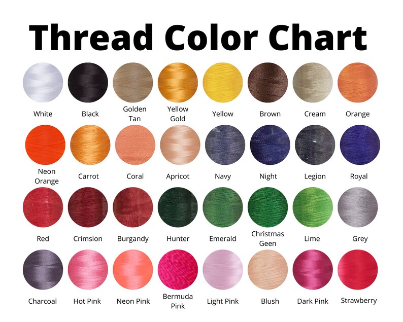 May include: Thread color chart with 36 different colors of thread, including white, black, red, orange, yellow, green, blue, pink, and grey.