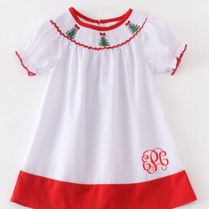 Girl Monogrammed Personalized Smocked Christmas Dress with Christmas Trees White and Red Dress