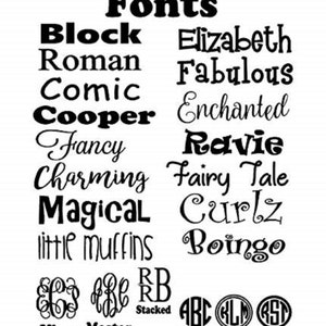 May include: A list of fonts in black text on a white background. The fonts are categorized as Block, Roman, Comic, Cooper, Fancy, Charming, Magical, little muffins, Elizabeth, Fabulous, Enchanted, Ravie, Fairy Tale, Curlz, Boingo, Vine, Master Circle, Stacked, No Circle, 2 circle, and 1 circle.
