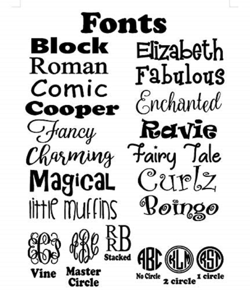 May include: A list of fonts in black text on a white background. The fonts are categorized as Block, Roman, Comic, Cooper, Fancy, Charming, Magical, little muffins, Elizabeth, Fabulous, Enchanted, Ravie, Fairy Tale, Curlz, Boingo, Vine, Master Circle, Stacked, No Circle, 2 circle, and 1 circle.