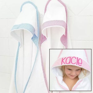 Seersucker Hooded Towel Beach or Bath Time Baby or Toddler Monogrammed Personalized Towel Pink Baby Blue or Red Name or Initials