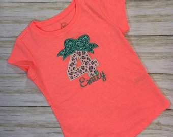 Personalized Applique Birthday Shirt Leopard Number with Glitter Bow