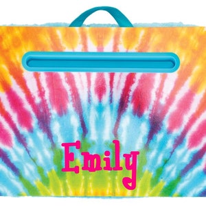 May include: A blue and white tie-dye patterned lap desk with a blue handle and a built-in book holder. The name "Emily" is printed in pink on the front of the desk.