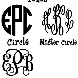 May include: A graphic showing different monogram fonts. The fonts are called Circle, Master Circle, and Vine. The text "Fonts" is at the top of the image.