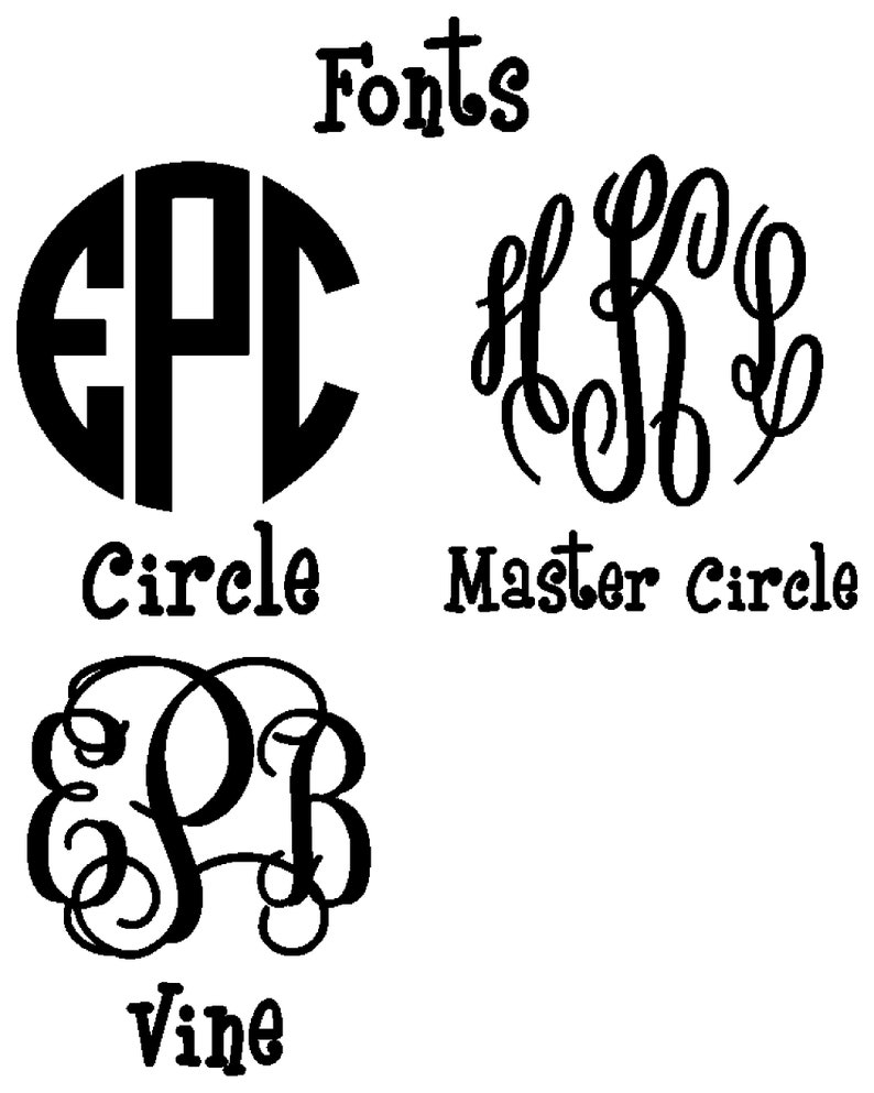 May include: A graphic showing different monogram fonts. The fonts are called Circle, Master Circle, and Vine. The text "Fonts" is at the top of the image.