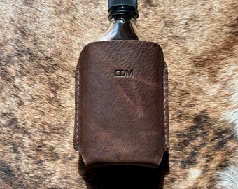 Personalized Brown Leather and Glass Flask - great for gift exchange, stocking stuffer or wedding party