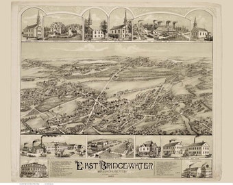 Bridgewater MA 1887 Bird/'s Eye View; 24x36 Print from a Vintage Lithograph