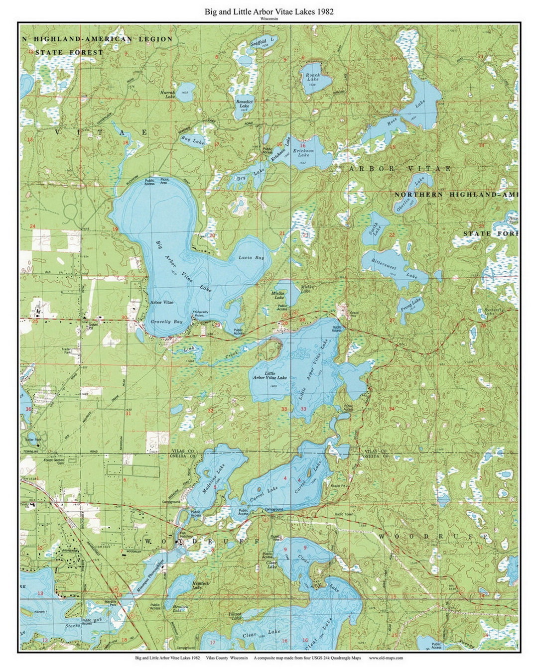 Arbor Vitae Lakes 1982 Madeline Lake, Carrol Lake USGS Old Topographic