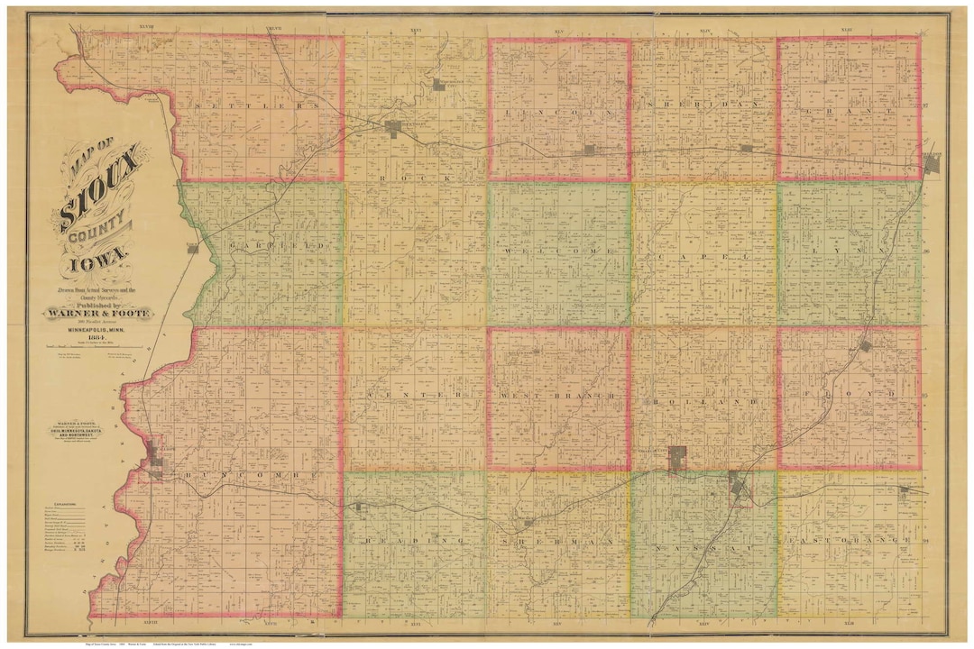 Sioux County Iowa 1884 Old Wall Map With Landowner Names Farm Etsy