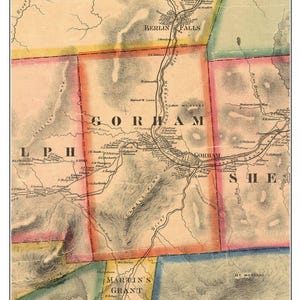 May include: An antique map of Gorham, New Hampshire, from 1861. The map shows the town's boundaries, roads, rivers, and mountains. The map is printed in black and white with colored borders.