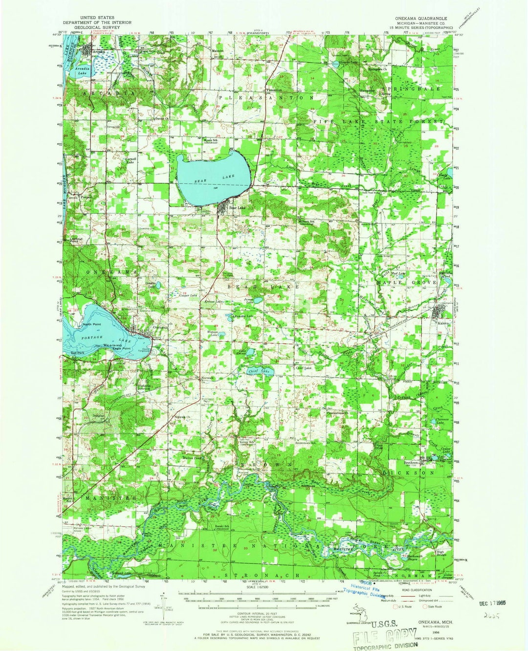 Onekama 1956 1965 Old Topo Map Bear Lake Portage Lake Arcadia Lake Quad Reprint 15x15 USGS