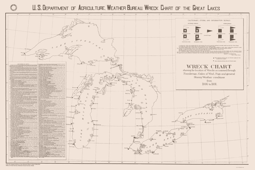Great Lakes Shipwrecks Chart 1891 Nautical Map Reprint 147 Wrecks Great Lakes All Etsy