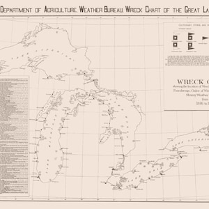 May include: A black and white map of the Great Lakes showing the locations of shipwrecks from 1906 to 1928. The map includes a key with symbols for different types of shipwrecks, as well as information about the location, date, and cause of each wreck.