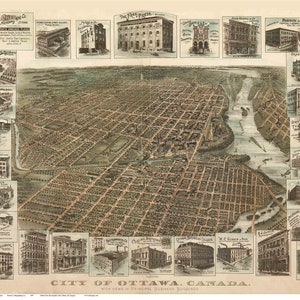 Ottawa 1895 Birds Eye View Canada Ontario Province Old Map  - Reprint