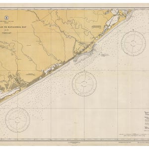 May include: A vintage nautical chart of the coastline of Texas, from San Luis Pass to Matagorda Bay. The chart is printed on aged paper with a beige background and features detailed lines and markings. The chart includes compass roses and a legend.