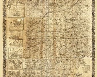 Indiana 1852 Old State Map Sectional & Fractional Sections King Reprint