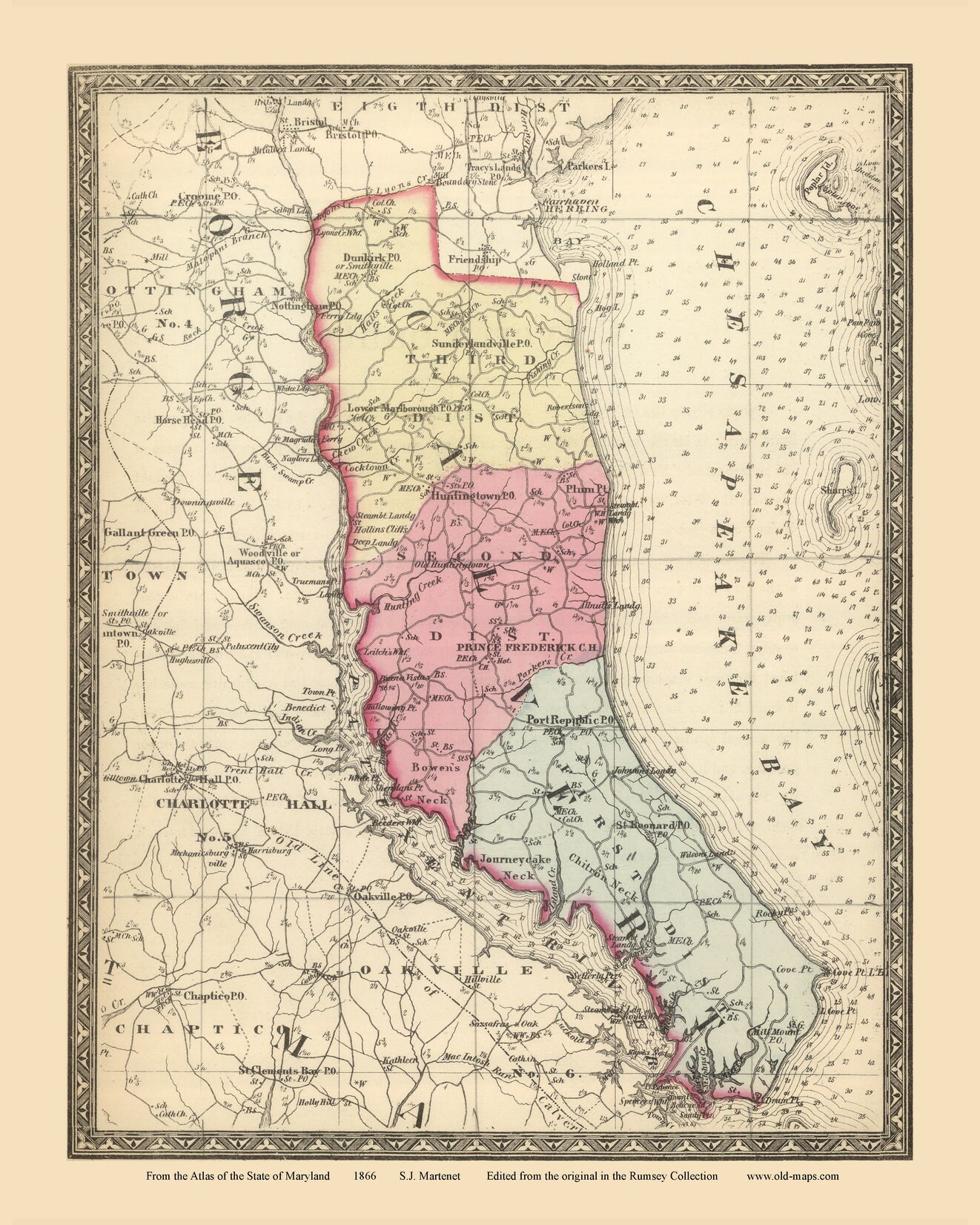 Calvert Co MD 1866 Map Chesapeake Bay Maryland State Atlas Reprint
