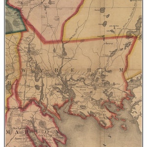 May include: An antique map of Wareham, Massachusetts from 1857. The map shows the town's boundaries, waterways, and surrounding areas. The map is printed in black and white with red and yellow highlights.