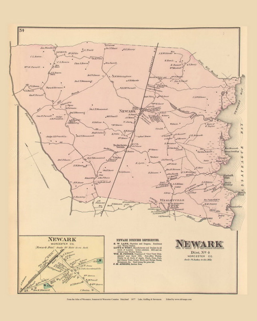 Newark 1877 Old Town Map Wesleyville Homeowner Names Worcester County