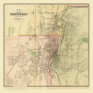 Pawtucket City Rhode Island 1870  Old Town Map Reprint with Homeowner Names - Genealogy RI TM