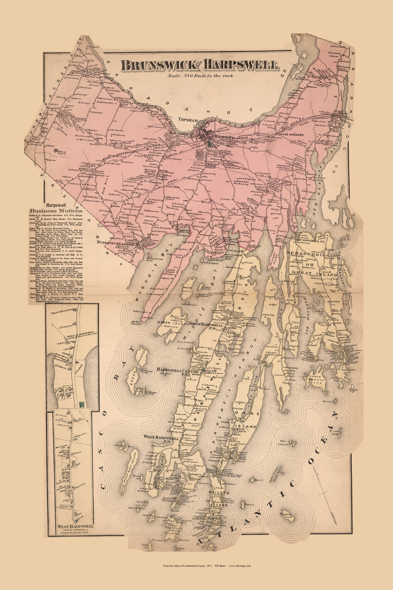Brunswick and Harpswell 1871 Map Homeowner Names Reprint Cumberland Co
