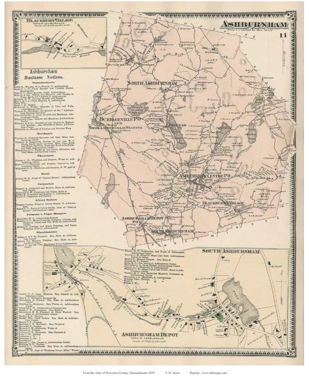 Ashburnham 1870 Old Town Map With Homeowner Names Massachusetts South