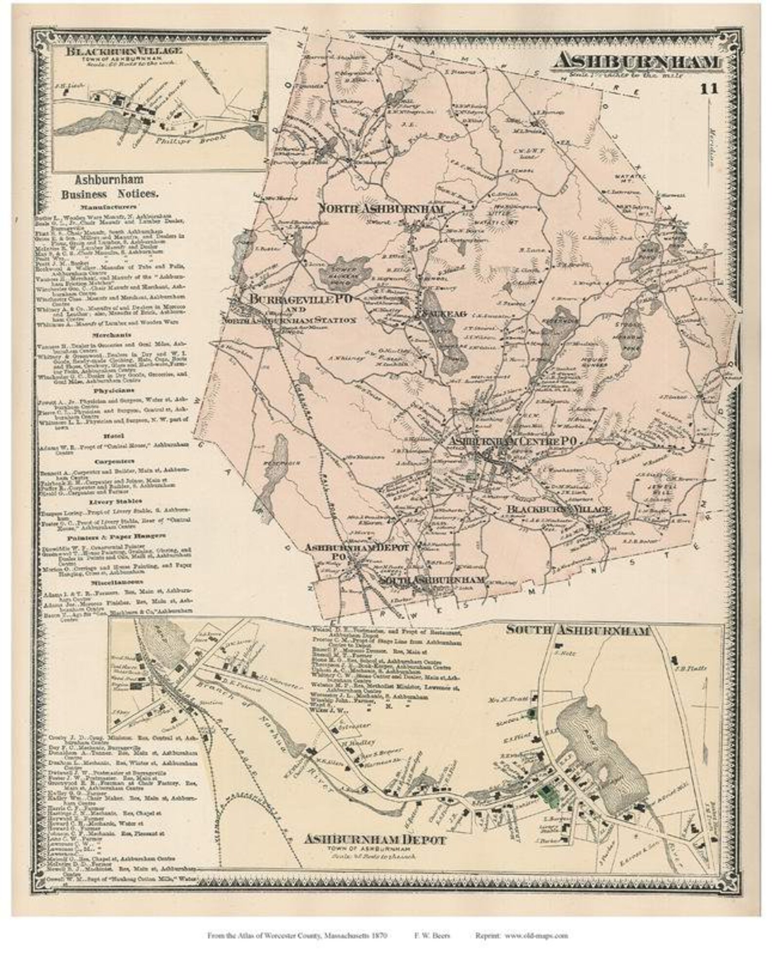 Ashburnham 1870 Old Town Map With Homeowner Names Etsy