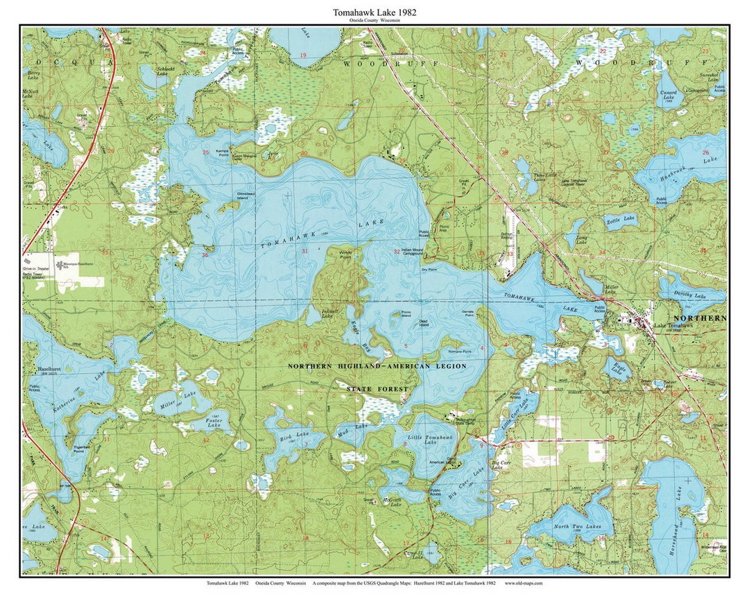 Tomahawk Lake 1982 USGS Old Topographic Map Custom Composite Wisconsin