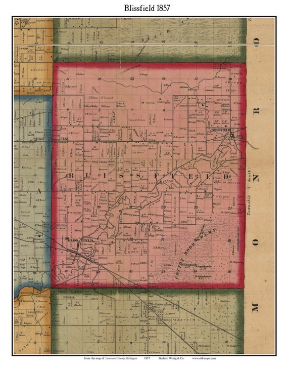 Blissfield 1857 Old Town Map With Homeowner Names Michigan Etsy