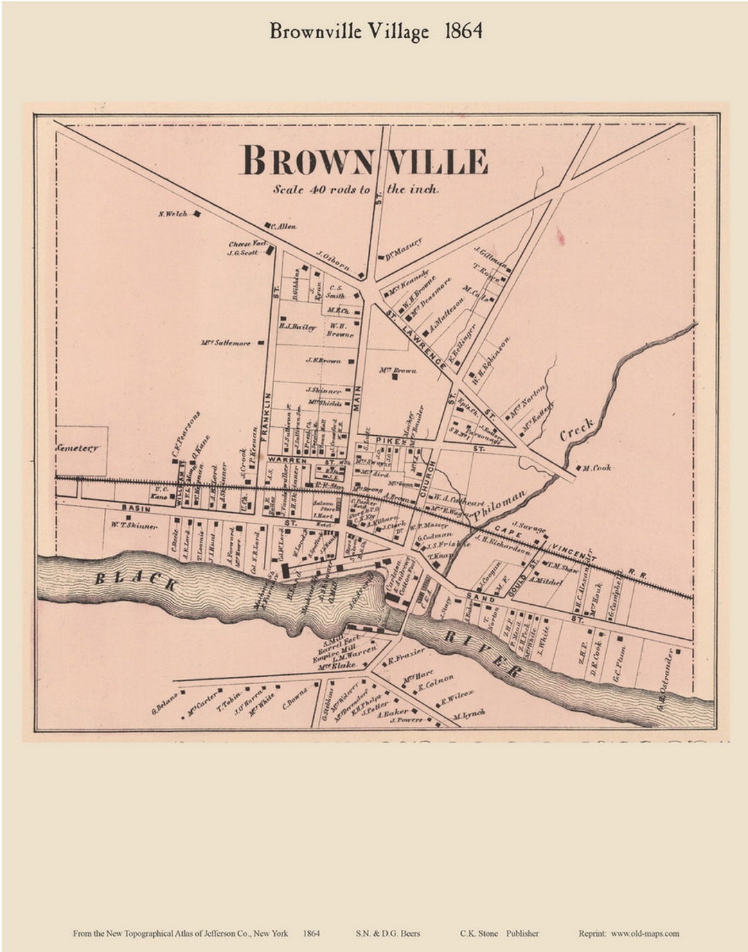 Brownville Village only 1864 Old Town Map Reprint Black River Jefferson