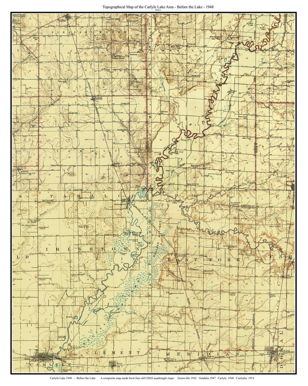 Carlyle Lake before the Lake 1948 USGS Old Topographic