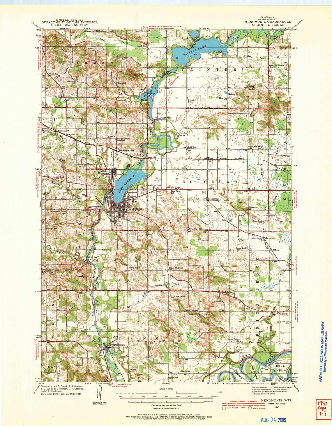 Menomonie 1940 1969 Old Topo Map Lake Menomin Tainter Etsy