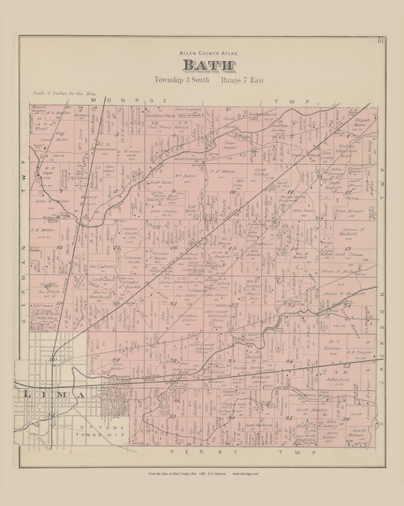 Bath 1880 Old Town Map Reprint Allen County Ohio Etsy